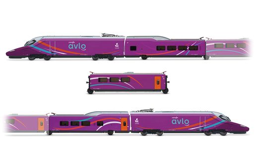 RENFE, set principal de 5 unidades del tren de alta velocidad "AVLO", decoración violeta, ép. VI