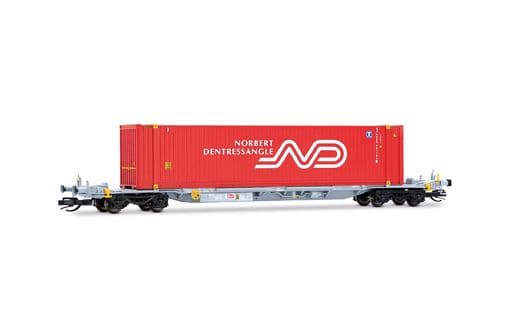 4-achs. Containerwagen, graue Farbgebung, beladen mit 1 x 45'-Container „Norbert Dentressangle“