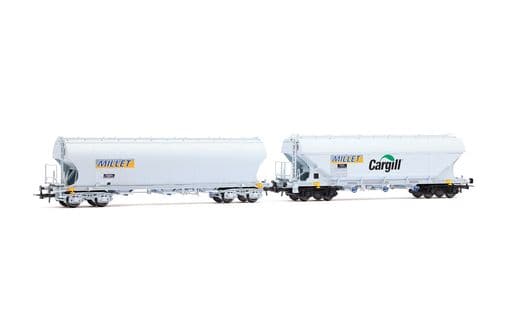 SNCF, 2-unit pack of cereal hopper wagons "MILLET", flat and rounded walls, grey livery