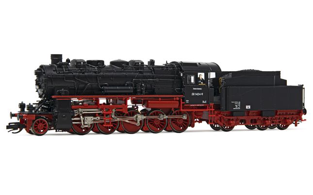 DR, Dampflokomotive BR 58 1424-9, in schwarz/roter Lackierung, Ausführung mit 4-domigem Kessel Ep. IV