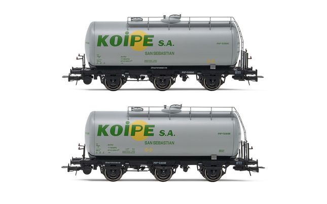 RENFE, 2-unit set of 3-axle tank wagons, grey livery, "Koipe", period IV. Suitable AC wheelsets for this item: HC6101 (11,27 x 24,25 mm)