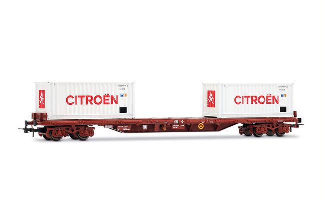 SNCF, 4-axle stake wagon, Rs type with 2 x 20' container "Citroën", in white livery, ep. IV