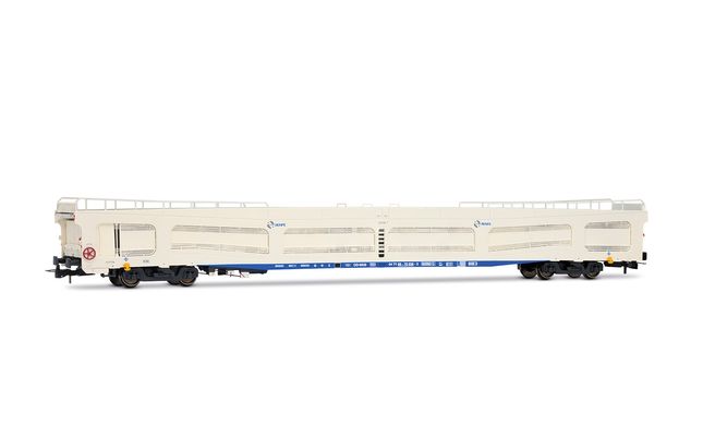 RENFE, 4-axle car transporter type DDMA, in white livery, with protective panels, ep. V