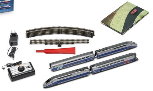 HJ1062 Jouef Junior (H0 1:87), SNCF Infra, starter set with 2-axle diesel  locomotive and 3 wagons, controller, transformer, starter track, track mat