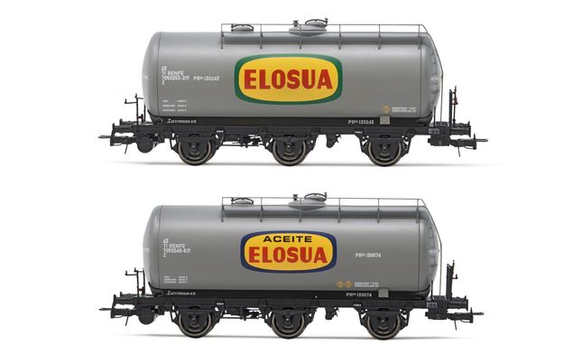 RENFE, 2-unit set of 3-axle tank wagons, grey livery, "Elosua", period IV. Suitable AC wheelsets for this item: HC6101 (11,27 x 24,25 mm)