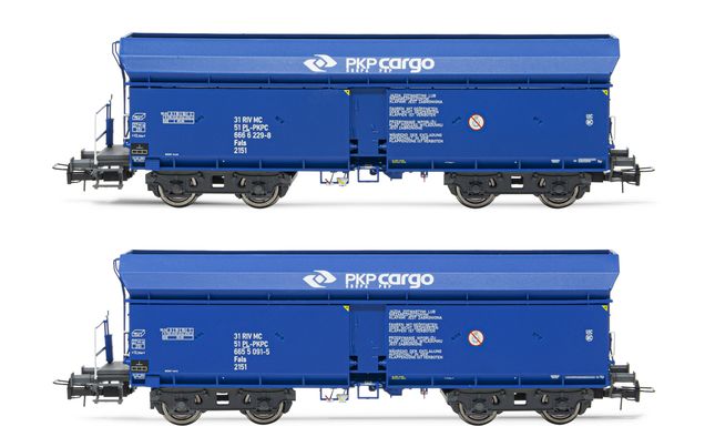 PKP, set di 2 carri tramoggia a scarico automatico a 4 assi, livrea blu "PKP Cargo", ep. V. Assi sostitutivi per corrente alternata: 11,00 x 23,30 mm