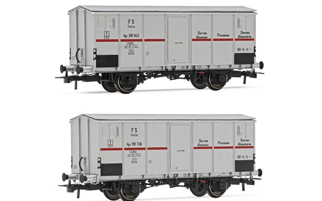 FS, 2-units pack refrigerated wagons Ifms 2-axles without brakeman's cab, metallic doors, white, red stripe, UK loading gauge, ep. IV