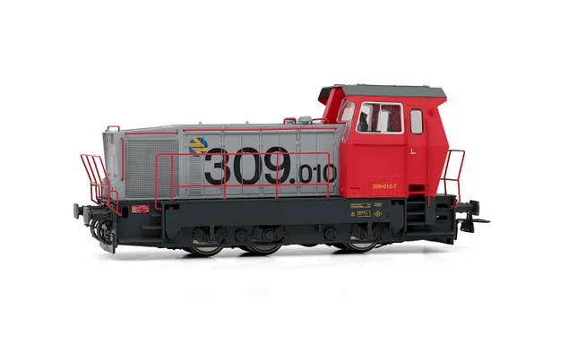 RENFE, locomotora de maniobras diésel 309, decoración roja/gris, ép V