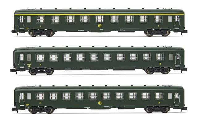 SNCF, set di 3 carrozze DEV AO, livrea verde, composto da 1 carrozza A9 e 2 carrozze B10, ep. III