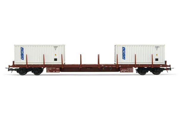 FS, 4-achs. Flachwagen Rgs, beladen mit 2 x 20' „Fiat" Container, Ep. IV-V. Passende AC-Tauschradsätze: HC6100 (10,27 x 25,20 mm)