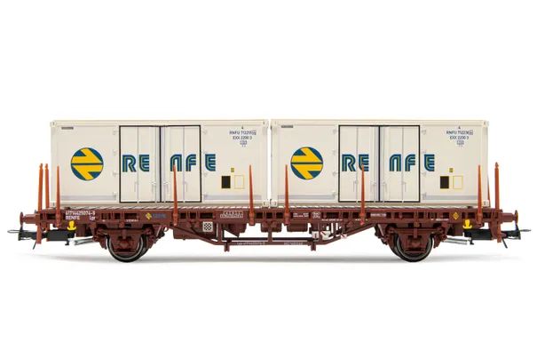 RENFE, 2-axle flat wagon MC1, oxid red livery, loaded with 2 x 20' refrigerated containers "Renfe", period IV. Suitable AC wheelsets for this item: HC6101 (11,27 x 24,25 mm)