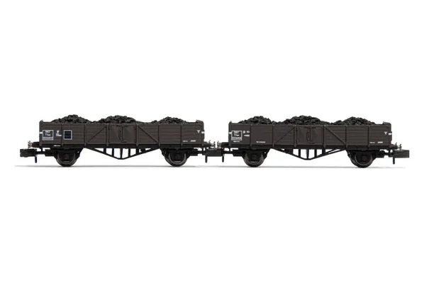SNCF, 2-unit set of 2-axle open wagons TTouw, with low side boards, loaded with coal, period III
