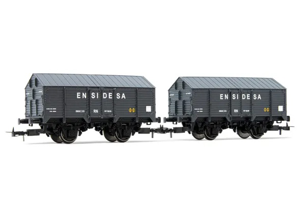 R.N., set de 2 vagones cubiertos de 2 ejes PX, decoración gris, "Ensidesa", ép. III. Ejes para sistema AC: HC6101 (11,27 x 24,25 mm)
