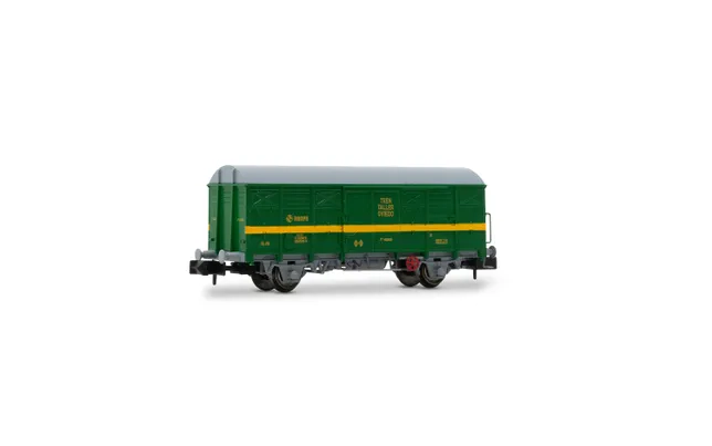 RENFE, 2-unit set of 2-axle closed wagons, green/yellow livery, "Tren Taller Oviedo", including 1 wagon J2 and 1 wagon J1, ep. IV-V