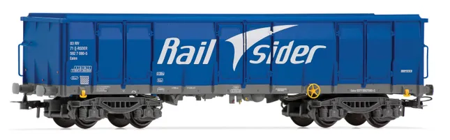 RailSider, vagón 4 ejes Ealos en color azul, cargado con chatarra, ep. VI
