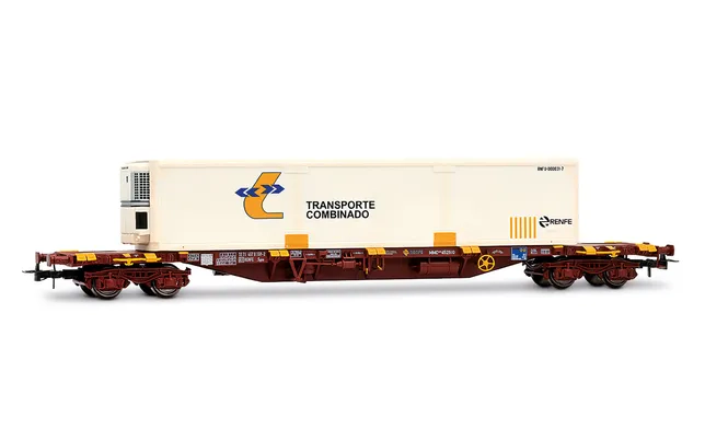 RENFE, 4-axle container wagon MMC3, in oxid red livery, with refrigerator container "Transporte Combinado", ep. V