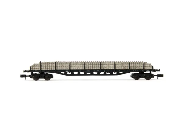 DB, 4-axle flat wagon with stakes Sgjs 716, black livery, loaded with concrete sleepers, period IV