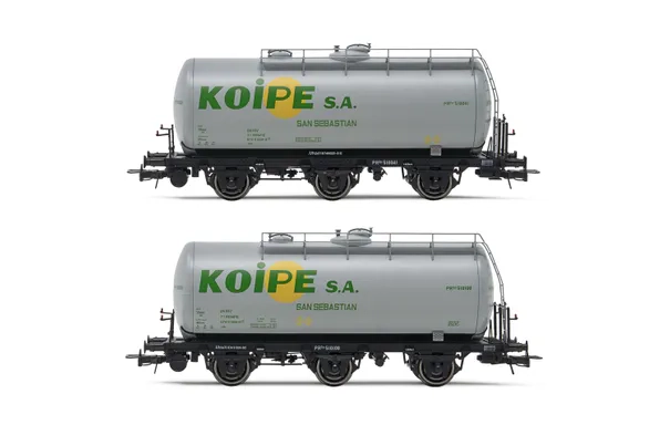 RENFE, 2-unit set of 3-axle tank wagons, grey livery, "Koipe", period IV. Suitable AC wheelsets for this item: HC6101 (11,27 x 24,25 mm)