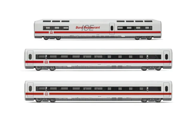 DB, 3-tlg. Set Erganzungsset ICE 1 Baureihe 401 in weiß/roter Lackierung, bestehend aus 1 x Speisewagen und 2 x 2.-Klasse-Wagen, Ep. IV-V