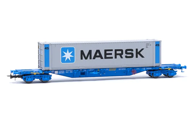 RENFE, vagón porta contenedores de 4 ejes MMC3, cargado con un contenedor de 45' «Maersk», ép VI