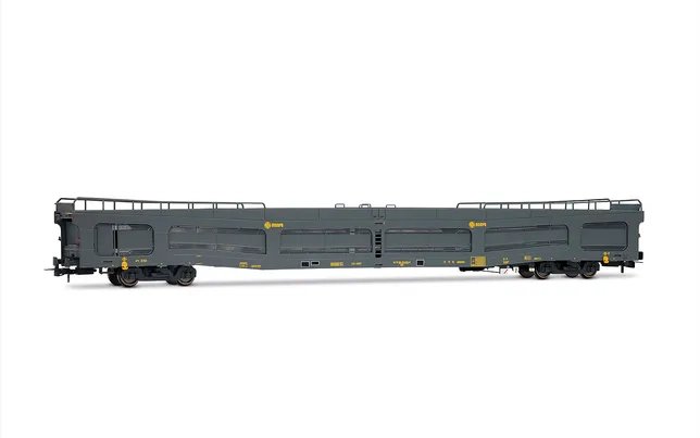 RENFE, 4-axle car transporter type DDMA, in grey livery, with protective panels, ep. IV