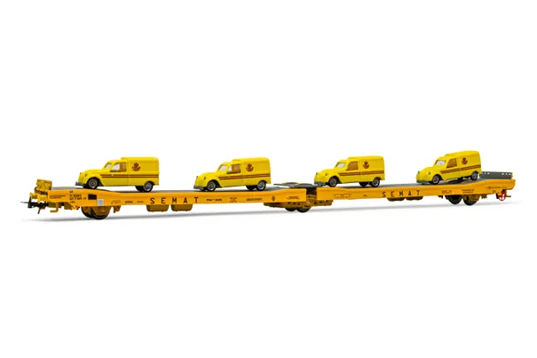 RENFE, 3-axle flat wagon Ladks, yellow "Semat" livery, loaded with 4 yellow "Correos" Citroen 2CV, period IV