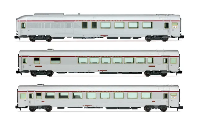 SNCF, 3-tlg. Set TEE Reisezugwagen „Paris - Ruhr" in silberner Lackierung, bestehend aus 1 x A4Dtux, 1 x Vru und 1 x A3rtu, Ep. IV