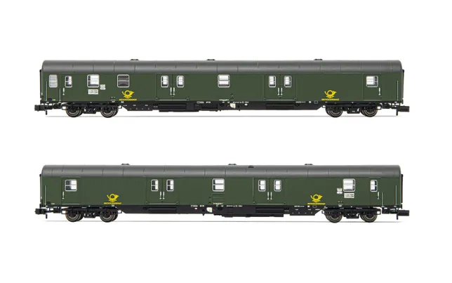 DBP, 2-tlg. Set 4-achs. Postwagen Post-mrz, in grüner Lackierung, Ep. IV