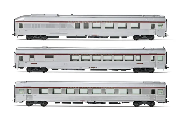 SNCF, 3-unit set of "TEE Mistral" coaches, including 1 A4Dtux coach, 1 Vru coach and 1 A8tu coach, period IV