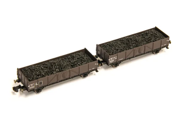 SNCF, 2-tlg. Set 2-achs. offene Güterwagen TTouw, mit niedrigen Bordwänden, beladen mit Kohle, Ep. III