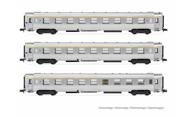 SNCF, 3-tlg. Set "Train Rapide", DEV Inox Reisezugwagen, 2 x A9 + 1 x A5 Cafeteria, Ep. III