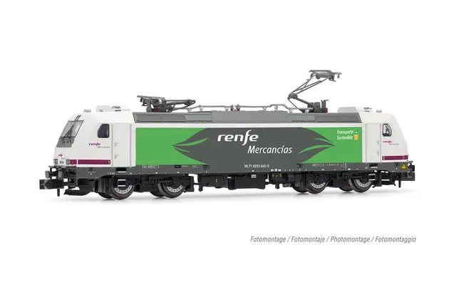 RENFE, locomotora eléctrica clase 253, decoración blanca/violeta, «Transporte Sostenible», ép. VI