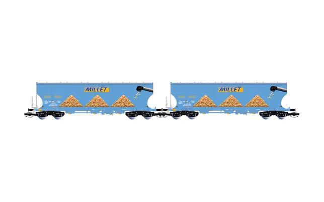 MILLET, 2-unit pack of 4-axle round-sided cereal hopper wagon, blue livery