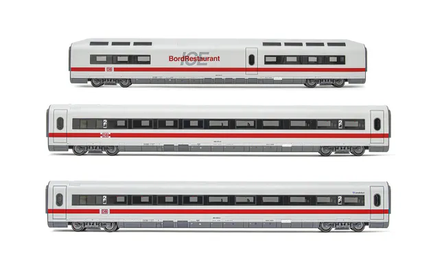DB AG, 3-tlg. Set Erganzungsset ICE 1 Baureihe 401 in weiß/roter Lackierung, bestehend aus 1 x Speisewagen und 2 x 2.-Klasse-Wagen, Tz 157 „Landshut”, Ep. VI
