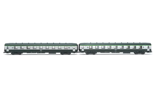 SNCF, 2-unit pack 2nd class coaches DEV AO U59 B9 (exA9), green/grey livery with encadrée logo, ep. IV