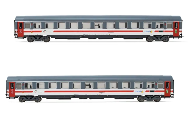 FS, set di 2 carrozze UIC-Z1 "Progetto 901" di 2a classe, livrea "Intercity Giorno" con striscia grigia, ep. VI