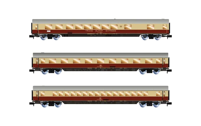 AKE, 3-tlg. Set „Rheingold", Set 2/2, bestehend aus 1 x Speisewagen ARmh217 + 1 x 1. Klasse Wagen Avmz + 1 x Wagen Apmz, Ep. V