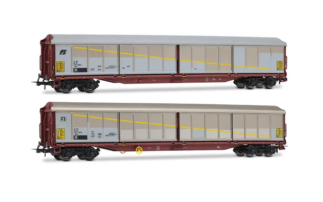 FS, 2-unit set of Habils closed wagons, in silver/brown livery with inclined and rounded FS logo, ep. V