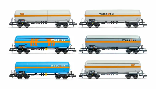 WASCOSA, 6-unit display 4-axle gas tank wagons in different liveries, period IV-V