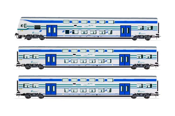 FS Trenitalia, 3-unit set of Vivalto coaches, "Vivalto" white livery with green/blue stripes, including 1 x driver's cab and 2 x intermediate coaches, period VI