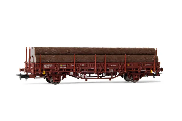 Transfesa/RENFE, vagón teleros de 2 ejes, cargado con troncos, ép. IV-V