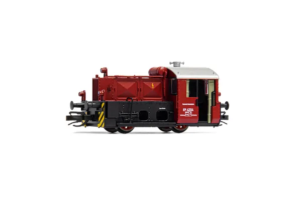 DB, locomotora de maniobras diesel Kö II con cabina abierta, decoración roja, ép. III