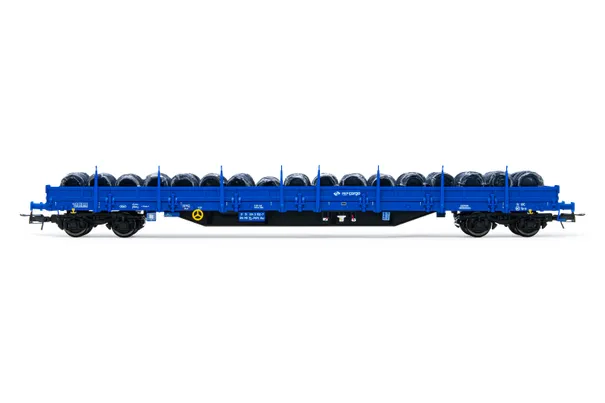 PKP, 4-axle Flachwagen Res, in blauer Lackierung, beladen mit Drahtrollen, Ep. V-VI