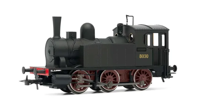 Locomotiva-tender a vapore 8030 livrea nera, telaio e ruote rosse