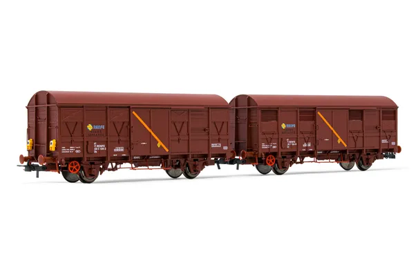 RENFE, 2-unit set of 2-axle closed wagons J2, "Vagón Aislante", one with red rear light, period IV. Suitable AC wheelsets for this item: HC6101 (11,27 x 24,25 mm)
