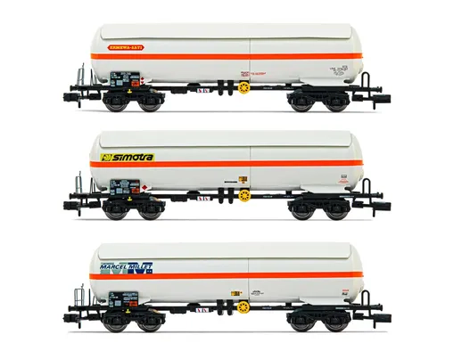 SNCF, 3-unit 4-axle gas tank wagons, contains 1 x "ERMEWA SATI", 1x "Millet" and 1 x "simotra", period IV-V
