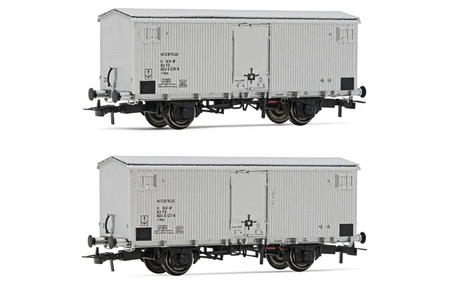 FS, set di 2 carri refrigerati a 2 assi Ifms con porte metalliche, sagoma inglese, livrea argento, ep. IV