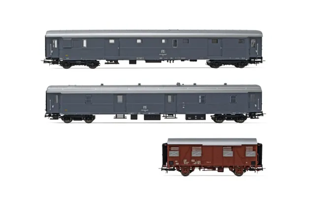 FS, 3-unit set "Celerone", including 1 x UIz 1400 mail van in grey livery, 1 x DUz 93100 luggage/mail van in grey livery and 1 x closed wagon Hcs-uvwy with bellows, period IV. Suitable AC wheelsets for this item: HC6102 (10,50 x 24,50 mm)