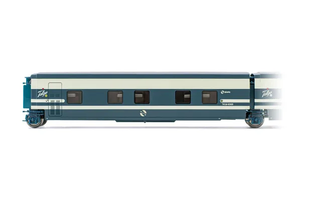 RENFE, Talgo Trenhotel, coche cama con la puerta con puerta a la izquierda, versíon original azul/beige, ép. IV