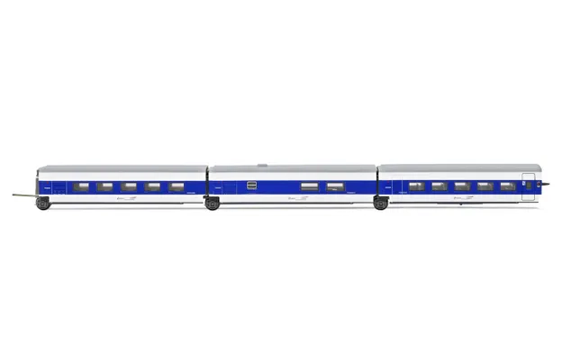 SNCF/RENFE, 3-tlg. Ergäzungsset, Talgo „Francisco de Goya” (Paris – Madrid) in blau/weißer, bestehend aus 1 x Speisewagen, 1 x Barwagen, 1 x „superreclinable” Wagen, Ep. V